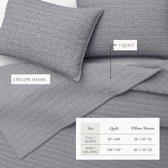 Great Bay Home Full/Queen Size Blue 100% Cotton Honeycomb Waffle Quilt and Sham Set - Garment Washed, Waffle Weave Like Texture, Lightweight 3-Piece Bedding Set (Denim Blue)