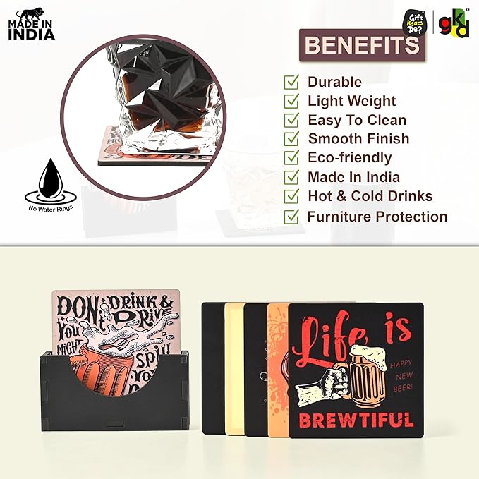 GKD Wooden Coasters for Drinks, Motivational MDF Wooden Coasters Set of 6 with Holder, 3.8 inches Eco-Friendly Absorbent Coaster for Coffee Table, Office, Bar, Drinking Glasses, Tabletop Protection