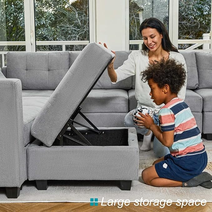 Belffin U-Shaped Sectional Sofa, Light Grey, 58.3"W x 90.2"L x 33.5"H, Reversible Chaise Lounge, Sturdy Solid Wood Frame, Plush Woven Fabric, Hidden Storage, Foldable Backrest, Easy Assembly