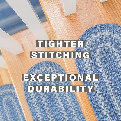 Homespice Denim Jute Braided Stair Treads for Wooden Steps, Country Coastal Decor, Set of 13, Blue 8x28 Rectangle Rugs for Stairs - Easy to Clean, Tightly Stitched and Durable