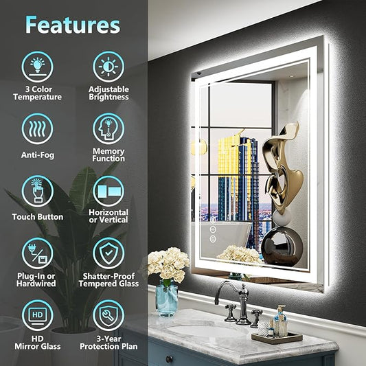 24x30 LED Bathroom Mirror with Lights, Backlit & Front Lit, Anti-Fog Lighted Vanity Mirror for Bathroom Wall, 3 Colors, Dimmable, Memory, HD Tempered Glass, Shatter-Proof, Horizontal/Vertical