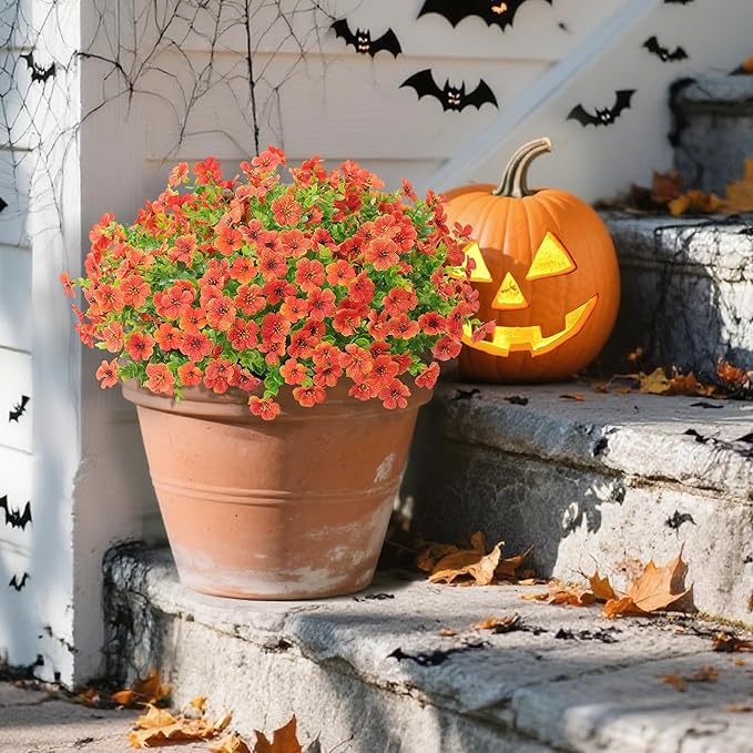 Artificial Fake Hanging Plants Flowers Basket Outdoors Summer Autumn Decor, Hanging Planter with Faux Silk Daisy Flowers Realistic UV Resistant for Outside Home Porch Front Patio Balcony Garden Orange