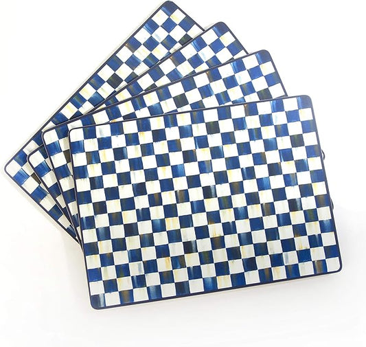 MACKENZIE-CHILDS Set of 4 Cork-Back Placemats, Hard-Finish Table Mats, Blue-and-White Royal Check