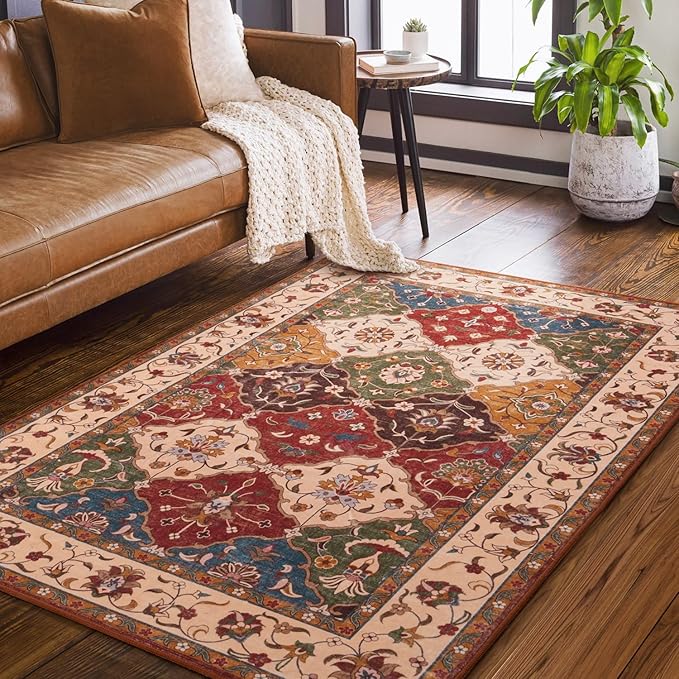 Lessymo Moroccan Area Rugs 3x5, Fauxwool Washable Area Rug for Bedroom Entryway Living Room, Non-Slip Multicolor Oriental Rug, Low Plie Boho Vintage Area Rug, Kid & Pet Friendly, Classic Red and Cream