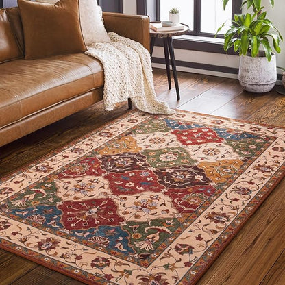 Lessymo Moroccan Area Rugs 3x5, Fauxwool Washable Area Rug for Bedroom Entryway Living Room, Non-Slip Multicolor Oriental Rug, Low Plie Boho Vintage Area Rug, Kid & Pet Friendly, Classic Red and Cream