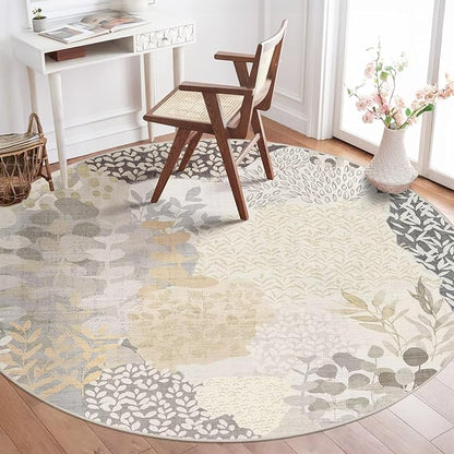 DEXDE Round Rug 6ft Washable Circle Area Rugs, Non Slip Low Pile Boho Floral Large Circular Carpet for Bedroom Bathroom Entryway Kids Room Office Dining Room, Gray
