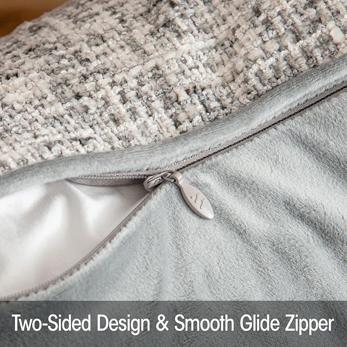 a moment Grey Reversible Pillow Covers 2 Pack - Farmhouse Chenille Throw Pillows, Neutral Textured Decorative Throw Pillow Covers with Border for Couch Sofa Bed (18x18 Inch, No Insert)