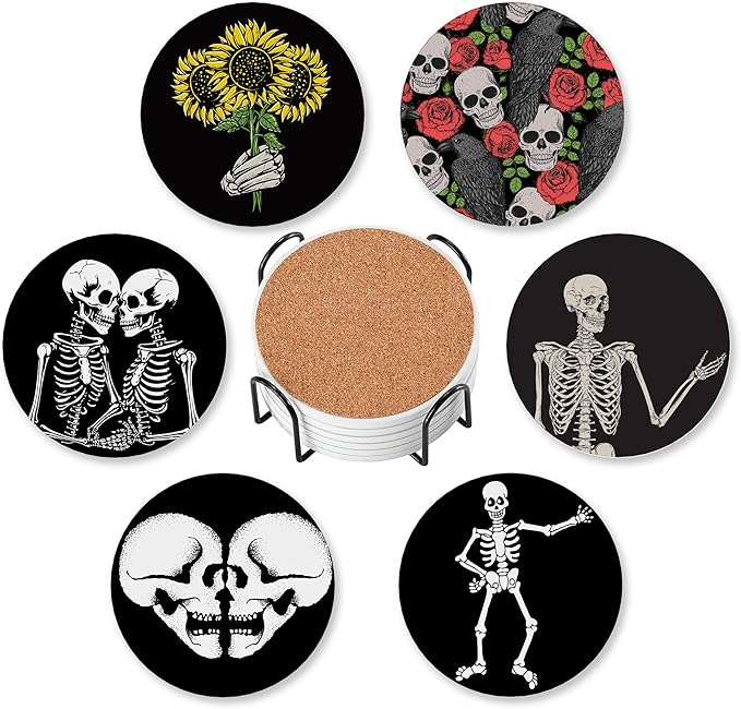 Halloween Drink Coasters for Drinks Set of 6,Skeleton Skull Absorbent Round Ceramic Stone Mat Coaster, with Cork Base and Metal Holder, Home Bar Decor House Warming Gift