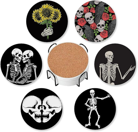 Halloween Drink Coasters for Drinks Set of 6,Skeleton Skull Absorbent Round Ceramic Stone Mat Coaster, with Cork Base and Metal Holder, Home Bar Decor House Warming Gift