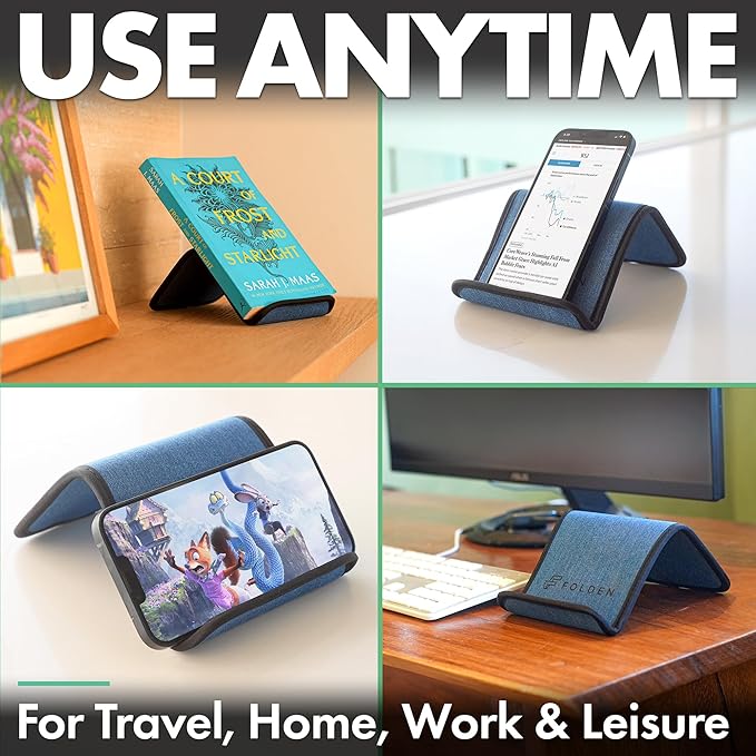 Folden Airplane Phone Holder, Flexible Cell Phone Holder, Folding Cellphone Stand for Desk, Bed, Office, Treadmill - Airplane Gadgets for Long Travel Accessories - Plane Essentials (Blue Denim)