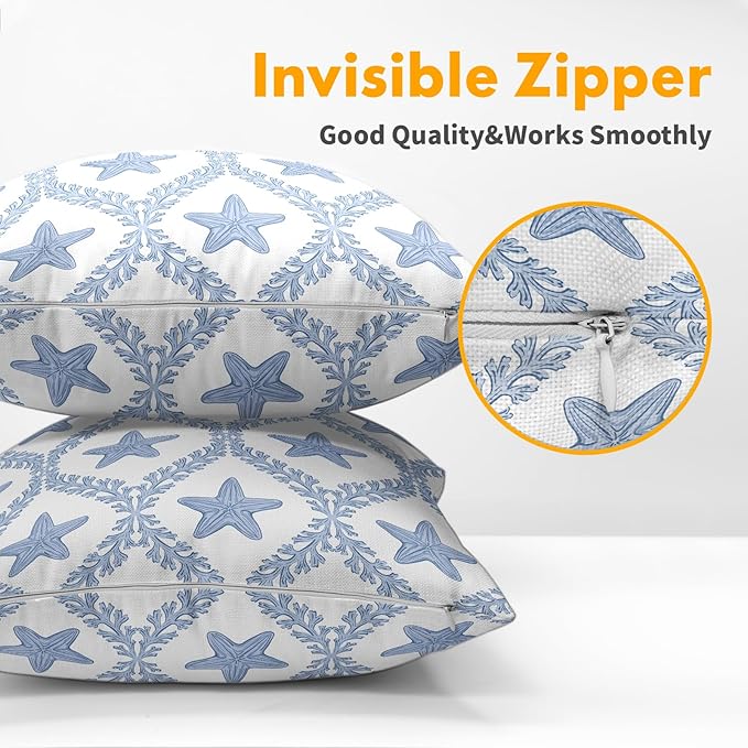Coastal Pillow Covers 18x18 Set of 2 Ocean Starfish Pattern Decorative Light Blue Pillowcases Outdoor Beachy Throw Pillow Covers with Zipper Soft Cozy for Sofa Bed Chair Living Room Home Decor