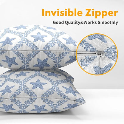 Coastal Pillow Covers 22x22 Set of 2 Ocean Starfish Pattern Decorative Light Blue Pillowcases Outdoor Beachy Throw Pillow Covers with Zipper Soft Cozy for Sofa Bed Chair Living Room Home Decor