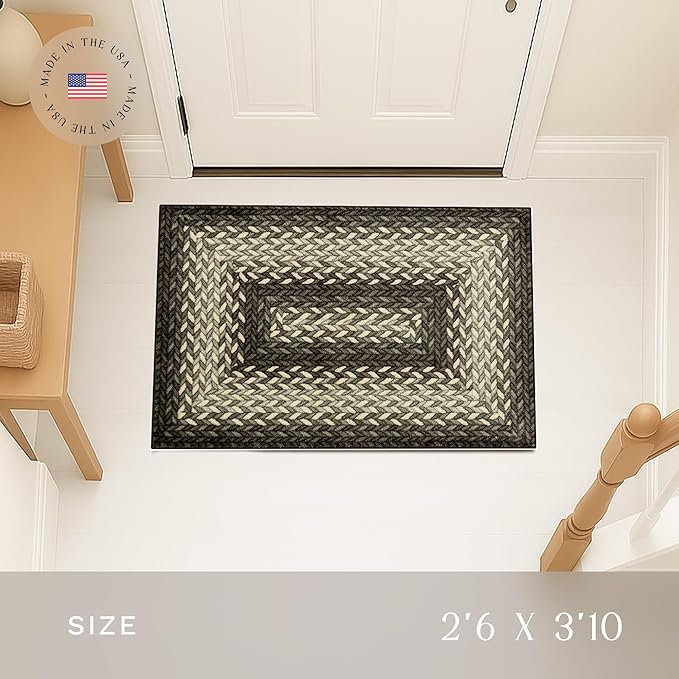 Maples Rugs Marion Bohemian Braided Design Print Area Rug – Made in USA – Washable, Non Slip Indoor Carpet for Entryway, Foyer, Kitchen, and Bathroom, 46" x 30", Black