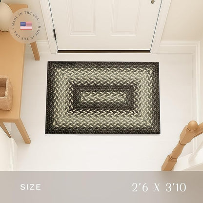Maples Rugs Marion Bohemian Braided Design Print Area Rug – Made in USA – Washable, Non Slip Indoor Carpet for Entryway, Foyer, Kitchen, and Bathroom, 46" x 30", Black