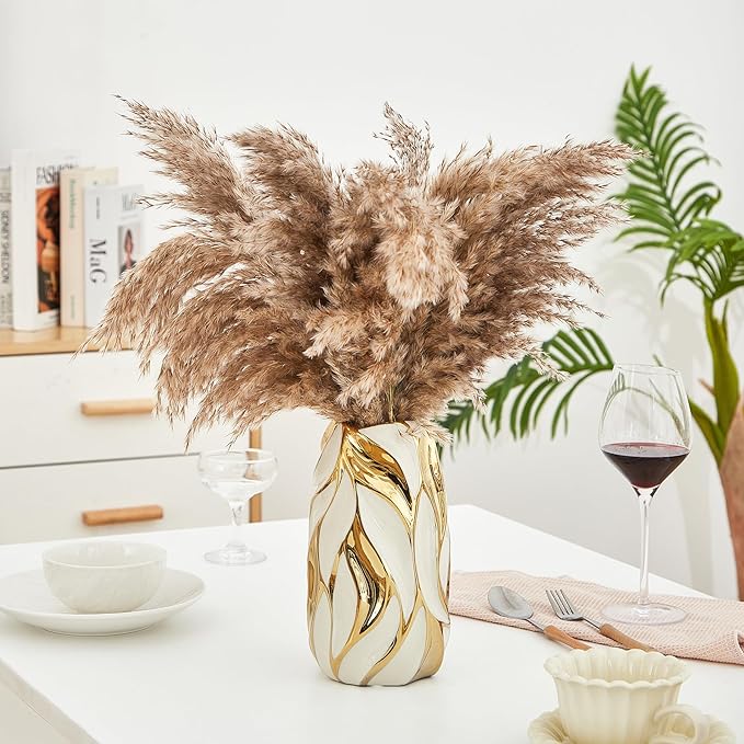 Cream White Ceramic Vase for Flowers, Gold Flower Vase Modern Home Decor, Small Ceramic Vase for Pampas Grass Decorative Vase, for Farmhouse Coffee Table Bookshelf (Large)