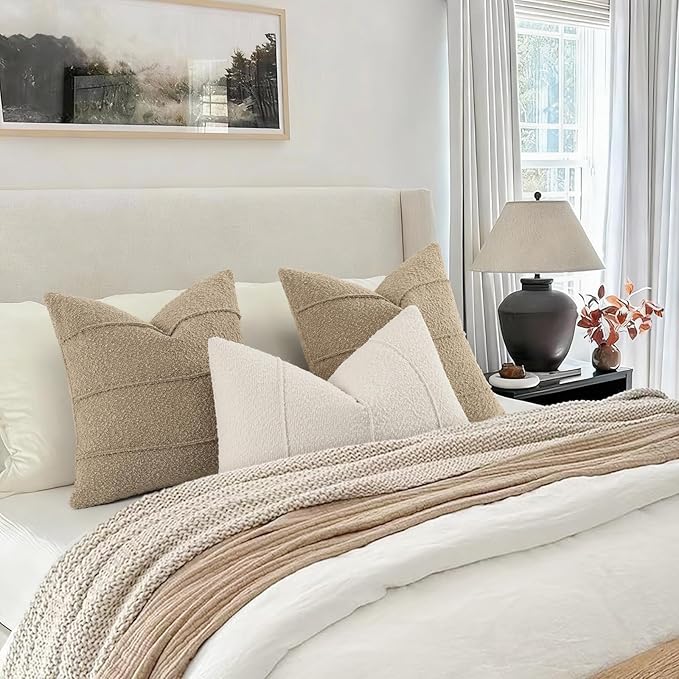 YCOLL Textured Boucle Throw Pillow Covers 24x24 Pack of 2 - Soft Neutral Striped Cushion Covers, Cozy Accent Decorative Pillow Covers for Couch, Sofa, Bed, Living Room (Taupe)
