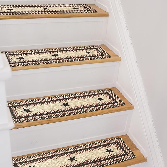 Homespice Primitive Star Gloucester Jute Braided Stair Tread, Warm Primitive Decor, Set of 13, Black and Red 8x28 Rectangle Rug for Stairs - Easy to Clean, Tightly Stitched and Durable
