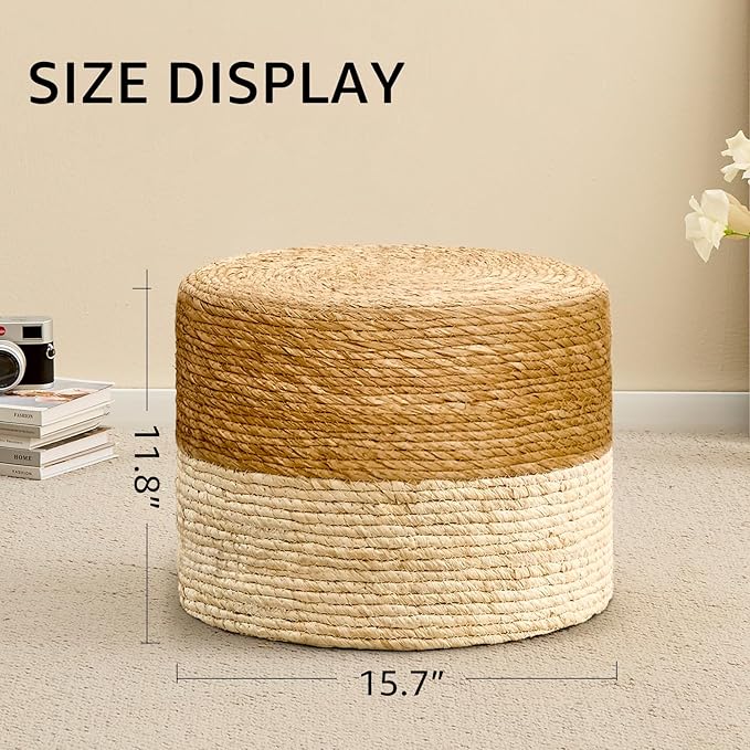 Wimarsbon Round Pouf Ottoman, Natural Hand Knitted Footrest Poof, Rustic Lounge Pouffe, Boho Pous Foot Stool, Accent Table or Seat (Natural Cattail, 15.7 * 15.7 * 11.8)