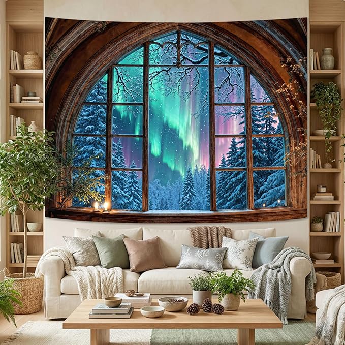 Lifeel Aurora Snowy Landscape Tapestry, Forest Winter Night Scenic Window Tapestries, Home Decor for Bedroom Living Room, 36x48 inches