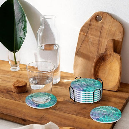 6 Pcs Ceramic Coasters with Holder Absorbent Drink Round Mermaid Fish Scales Design for Home Table Coffee Cup Wine Beer Bar,Size 4.4 inches