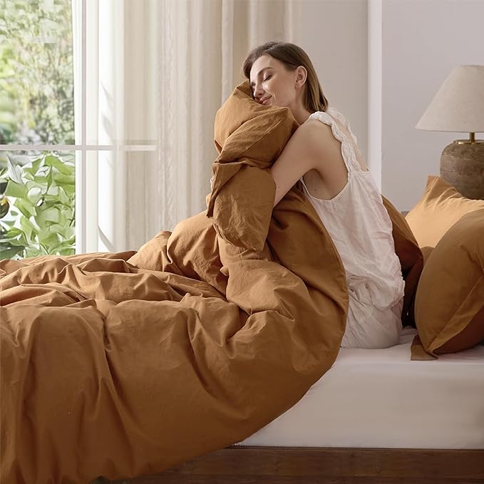 Bedsure 100% Washed Cotton Duvet Cover Queen Size - Hazelnut Brown Minimalist Cotton Duvet Cover Linen Like Breathable - GentleSoft™ Plain Simple Bedding (Hazelnut Brown, Queen, 90"x90")
