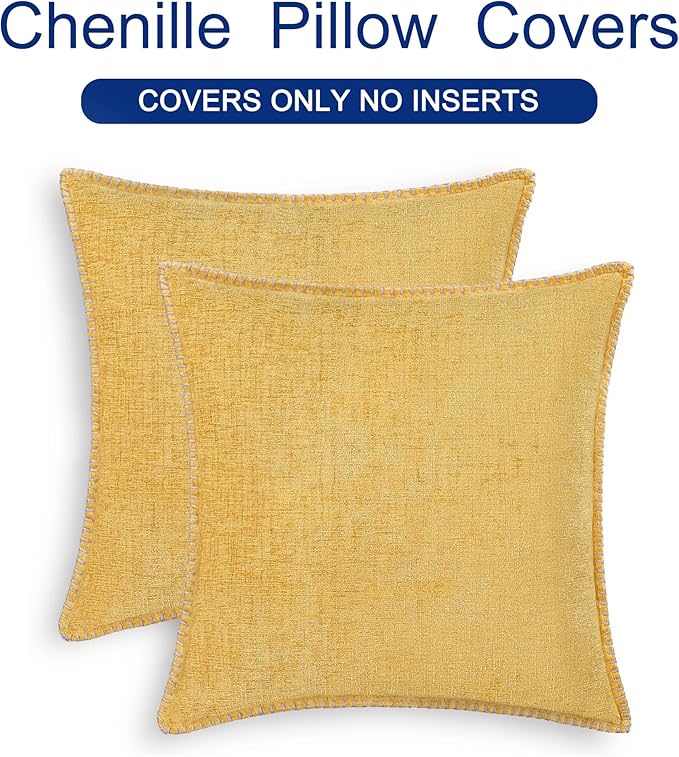 CaliTime Throw Pillow Covers Decorative 22 X 22 Inches Pack of 2 Cotton Thread Stitching Edges Solid Dyed Soft Chenille Cushion Cases for Couch Sofa Bed Living Room Farmhouse Gold