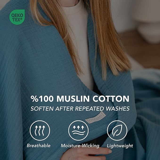 Goqan Throw Blanket 55x60 – 100% Turkish Cotton 4 Layer Boho Muslin Blanket for Adults, Four Season Blanket Lightweight and Thin, Soft, Breathable for Bed, Couch, Picnic - Teal