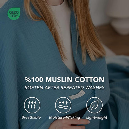 Goqan Throw Blanket 55x60 – 100% Turkish Cotton 4 Layer Boho Muslin Blanket for Adults, Four Season Blanket Lightweight and Thin, Soft, Breathable for Bed, Couch, Picnic - Teal
