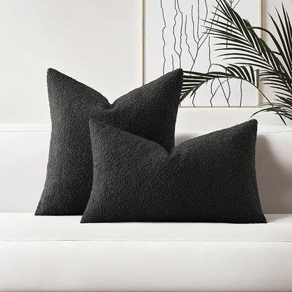 HAUSSY Set of 2 16x16 Decorative Throw Pillow Covers, Soft Cozy Textured Boucle Couch Cases, Home Decor for Couch Bed Living Room, Black