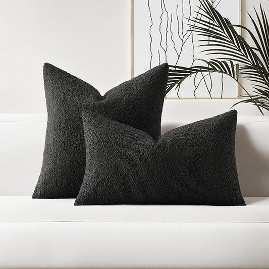 HAUSSY Set of 2 18x18 Decorative Throw Pillow Covers, Soft Cozy Textured Boucle Couch Cases, Home Decor for Couch Bed Living Room, Black
