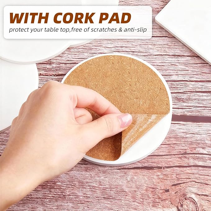 Coasters Set of 6 Ceramic Drink Coaster with Cork Base Modern Style Coasters for Mugs and Cups Office Kitchen 4 in