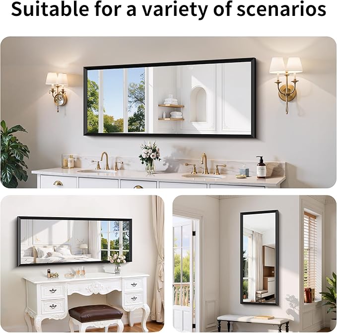 Black Bathroom Mirror 60 x 24 Inch Rectangle Wave Beveled Frame for Wall Bathroom Vanity Mirror for Over Sink, Tempered Glass,for Entryway Hangs, Bathroom Living Room Horizontal or Vertical
