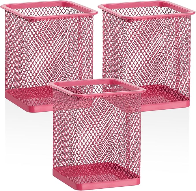 Segarty Pen Cup Holder, 3 Pack Square Dark Pink Pen Holder for Desk, Cute Mesh Pencil Cups Container Set for Office Supply, School Classroom, Home Desktop Storgae and Organization, Brushes Organizer
