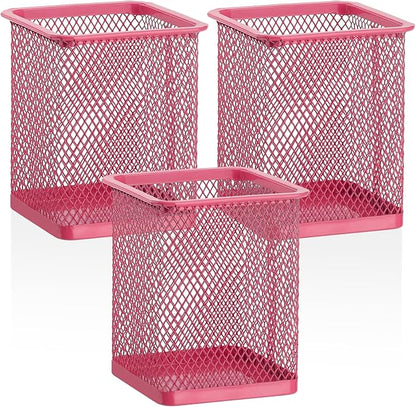 Segarty Pen Cup Holder, 3 Pack Square Dark Pink Pen Holder for Desk, Cute Mesh Pencil Cups Container Set for Office Supply, School Classroom, Home Desktop Storgae and Organization, Brushes Organizer