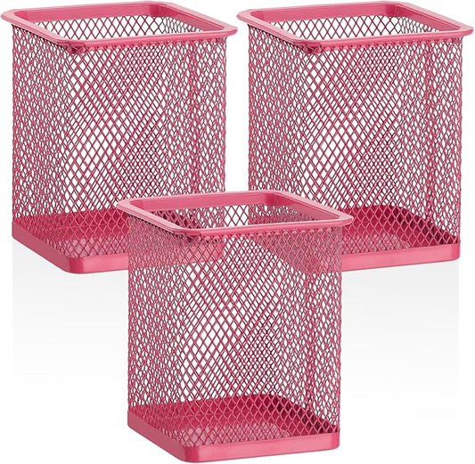 Segarty Pen Cup Holder, 3 Pack Square Dark Pink Pen Holder for Desk, Cute Mesh Pencil Cups Container Set for Office Supply, School Classroom, Home Desktop Storgae and Organization, Brushes Organizer