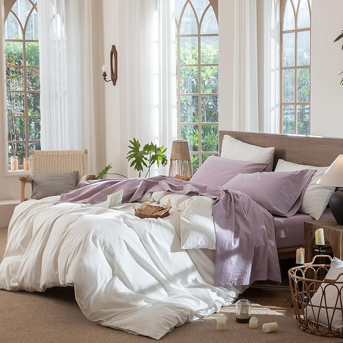MooMee Bedding Sheet Set 100% Washed Cotton Linen Like Textured Breathable Durable Soft Comfy (Heathered Light Purple, California King)