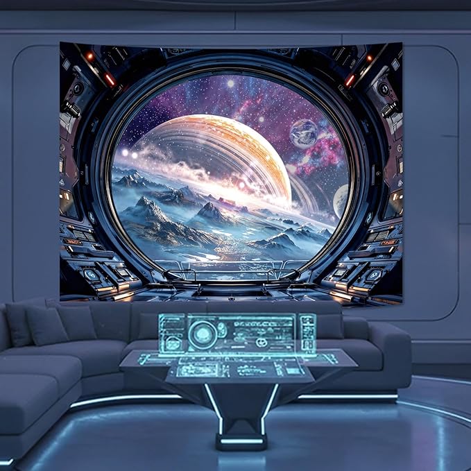 Lifeel Galaxy Tapestry, Planet Space Science Fiction Aesthetic Window Tapestries Decor for Game Room and Bedroom Living Room, 60x80 inches