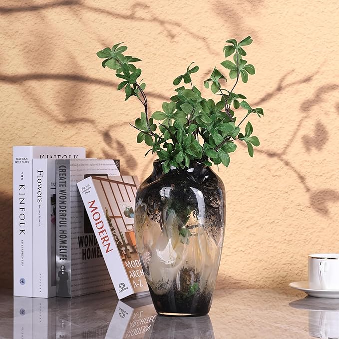Hand Blown Smoke Glass Vase,Black Amber Vases Home Decor,Vintage Gray Glass Vase, Round Bubble Art for Flowers,Farmhouse Vases for Table Decor and Modern Home Unique Abstract Design (L)
