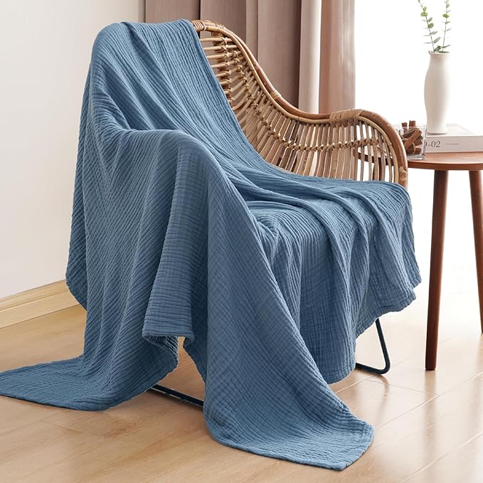 PHF 100% Cotton Muslin Throw XL Blanket Large 50" x 70", 4-Layer Lightweight Gauze Throw, Breathable Cloud-Soft Minimalist Blanket for Bed, Couch, Camping & Baby, Denim Blue, Ideal Gift