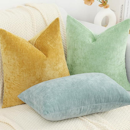 decorUhome Chenille Mineral Yellow Spring Throw Pillow Covers 12x20 Inch Set of 2, Decorative Soft Couch Pillow Covers Solid Dyed Accent Farmhouse Neutral Rectangle Pillow Cases for Sofa