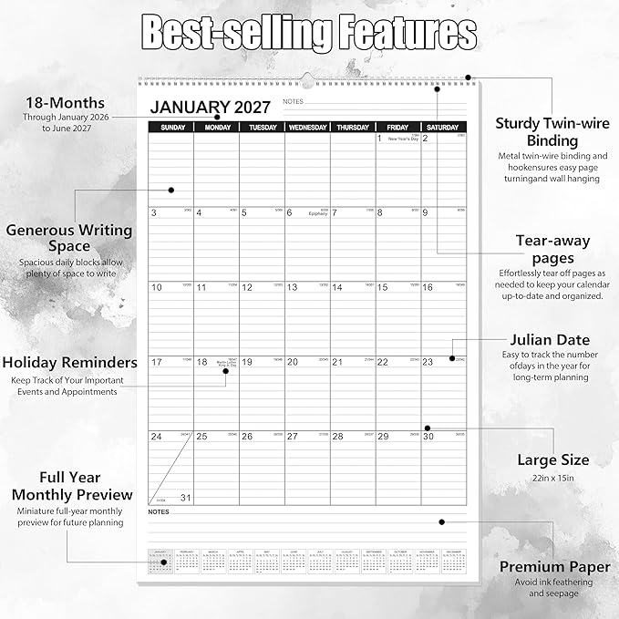 OuMuaMua Wall Calendar 2026, 18-Month Vertical Wall Calendar 2026-2027, 22" X 15" Hanging Planner Runs From 2026 Jan - 2027 Jun with Thick Paper Spiral Bound For School Home Office Organizing