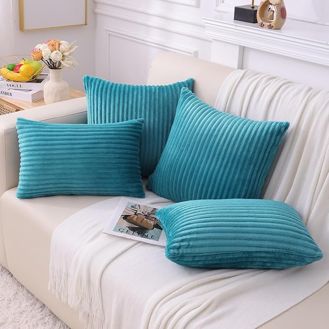 Simmore Decorative Spring Throw Pillow Covers 12x20 Set of 2, Soft Natural Plush Flannel Double-Sided Fluffy Lumbar Pillow Covers for Couch Sofa Living Room, Teal