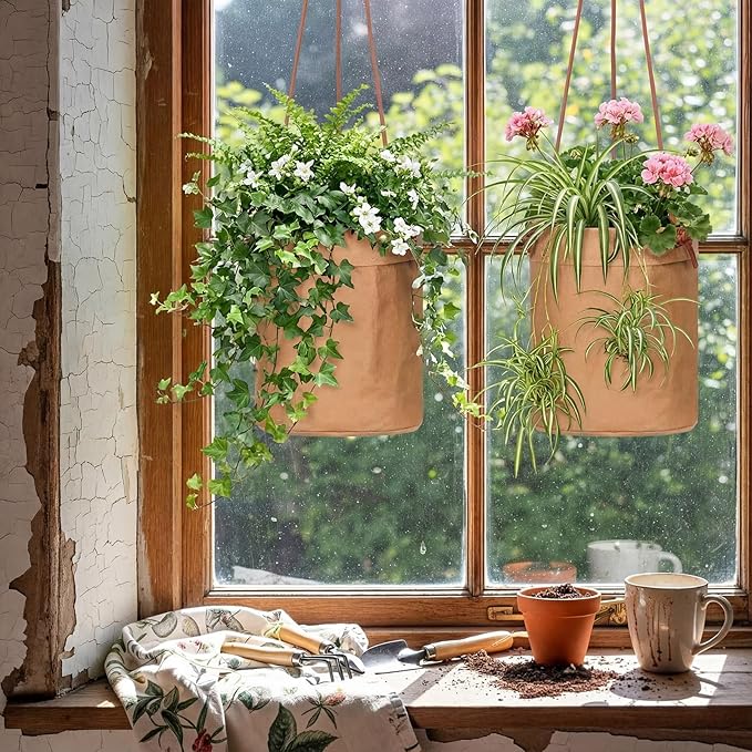 2 Pcs Waxed Canvas Hanging Planter 6'' Sphere Dijon Yellow Hanging Basket Flower Pot Floor Plant Holder Decorative Container for Indoor Outdoor Plants