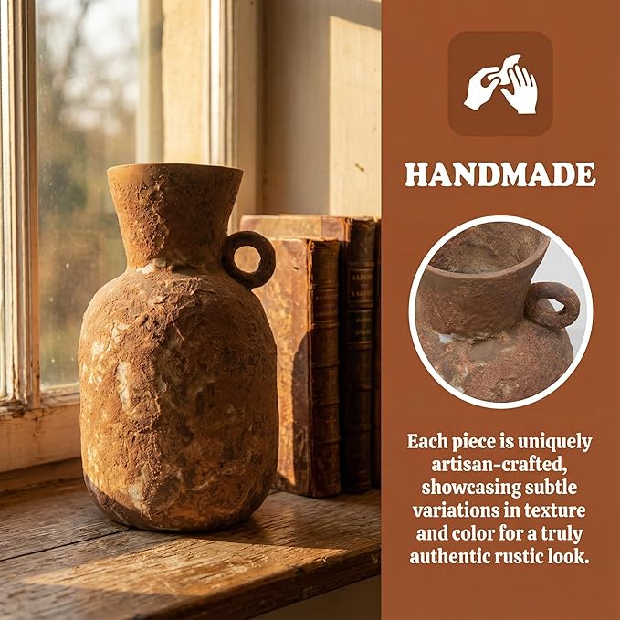 7IN Rustic Farmhouse Ceramic Vase Home Decor,Handmade Vintage Stoneware Clay Pottery Terracotta Textured for Modern Farmhouse, Living Room, Office Desk Table Shelf (Brown1)