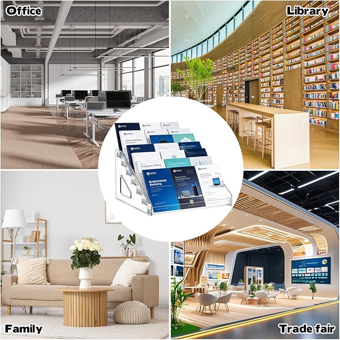 7 Tier Brochure Holder 12 x 7 inch Clear Acrylic Pamphlet Holder Display Stand Organizer Plastic Flyer Literature Magazine Booklets Menu Journals Rack for Home Office Exhibition, Pack of 2