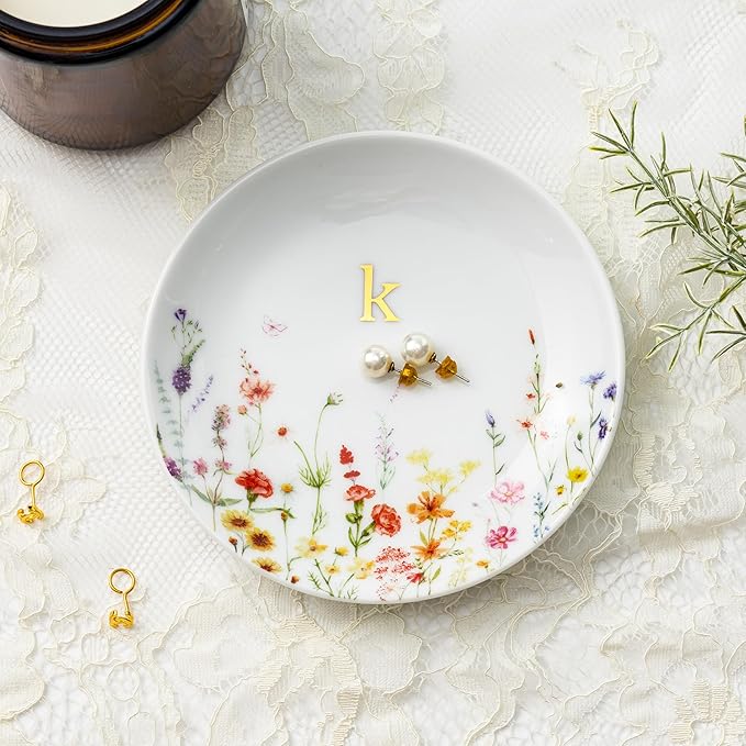 Crisky Initial Jewelry Tray Ring Dish & Gift Box, Ceramic Flower Trinket Dish for Rings Earrings Necklaces Keys, Bridal Shower Engagement Birthday Gift for Women, Friends 4.57" (Gold Foil K