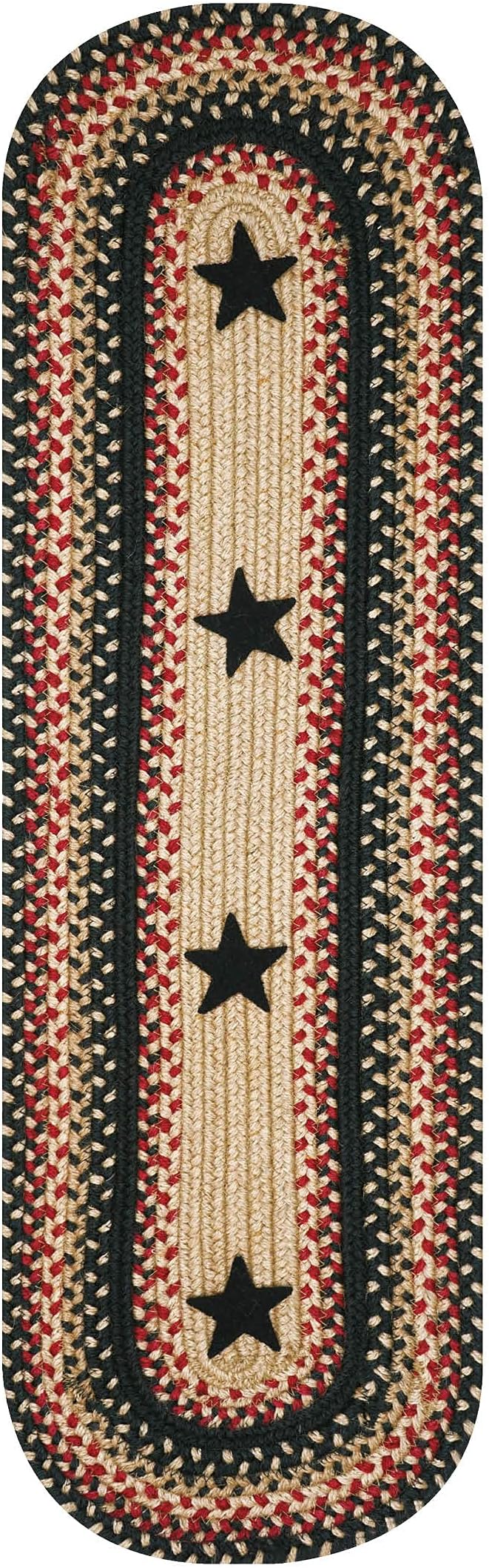 Homespice Primitive Star Gloucester Jute Braided Staircase Step Treads, Warm Primitive Decor, Set of 13, Black and Red 8x28 Oval Rug for Stairs - Easy to Clean, Tightly Stitched and Durable