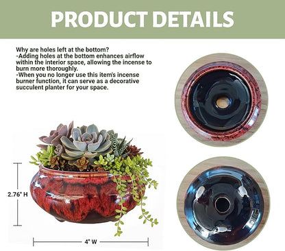 Incense Burner with Calabash Incense Stick Holder - Porcelain Charcoal Censer for Use with Resin Granular Powder Cone or Coil Incense (Fambe Red)