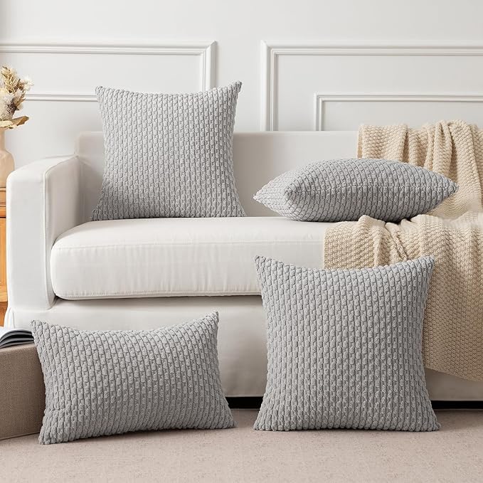 Kevin Textile Decorative Throw Pillow Covers Corduroy Square Boho Cushion Cover with Stripes Cases for Bedroom Sofa Living Room Couch Set of 2 18x18 Inch Light Grey