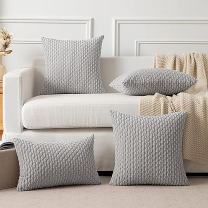Kevin Textile Decorative Throw Pillow Covers Corduroy Square Boho Cushion Cover with Stripes Cases for Bedroom Sofa Living Room Couch Set of 2 18x18 Inch Light Grey